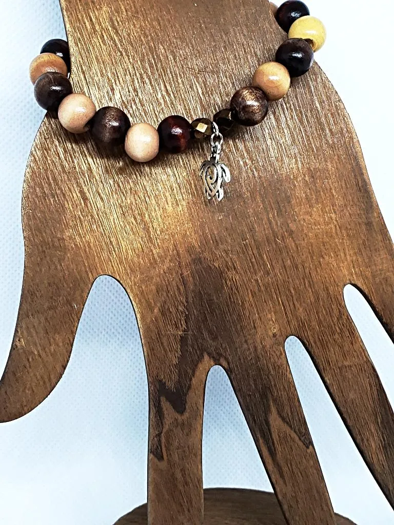 Boho Style Stretch Turtle Charm Bracelet with Natural Wood Beads-Handmade