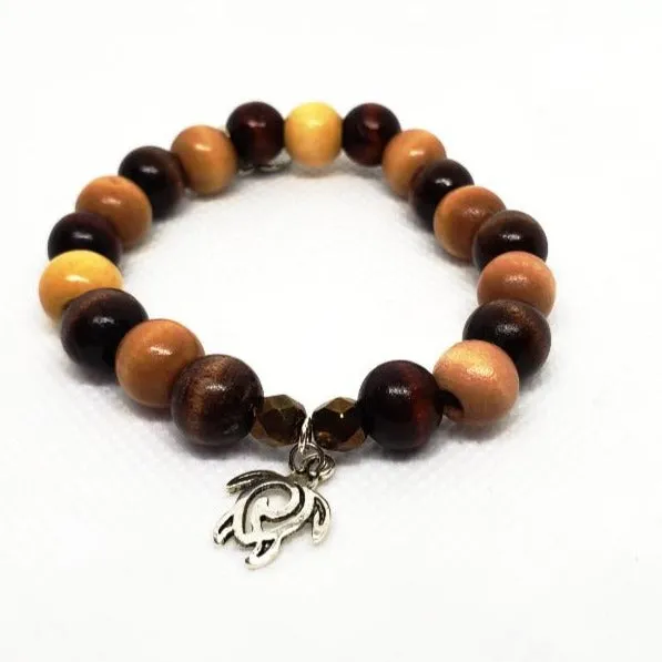 Boho Style Stretch Turtle Charm Bracelet with Natural Wood Beads-Handmade
