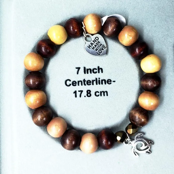 Boho Style Stretch Turtle Charm Bracelet with Natural Wood Beads-Handmade