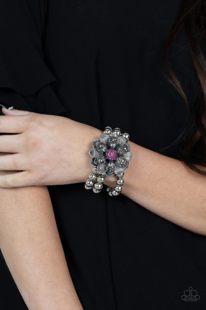 Botanical Bravado - Pink - Rhinestone Center Flower Paparazzi Stretchy Bracelet