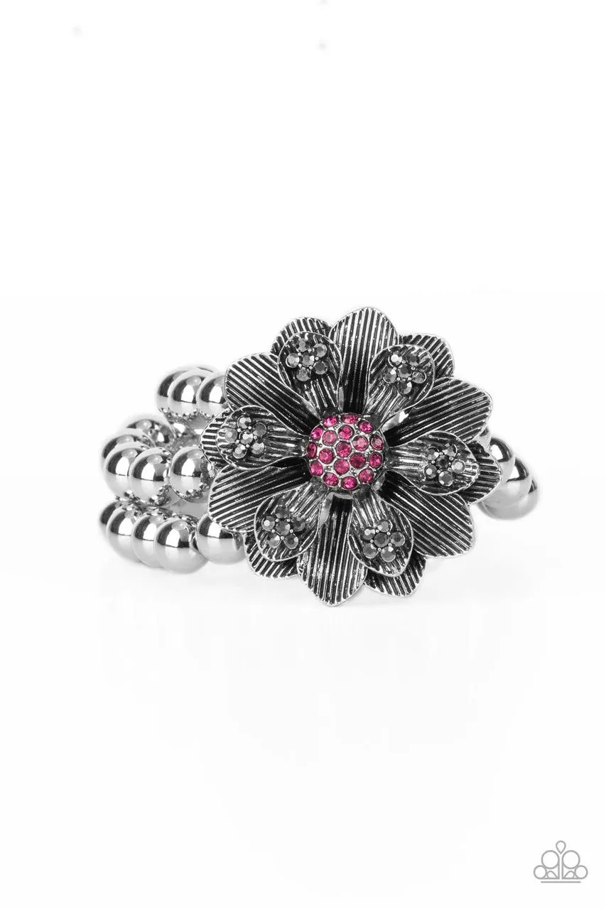 Botanical Bravado - Pink - Rhinestone Center Flower Paparazzi Stretchy Bracelet