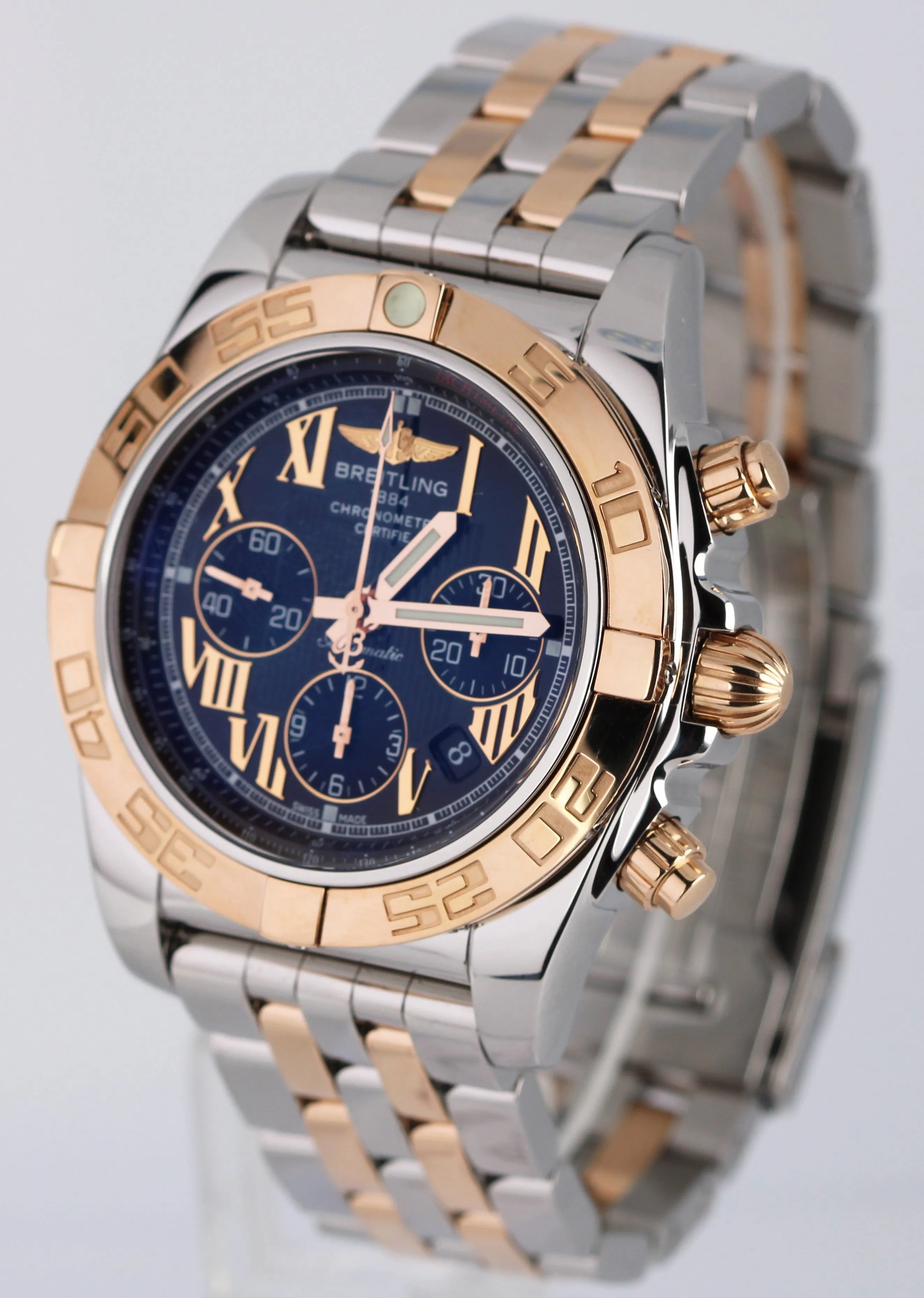 Breitling Chronomat 44 Two-Tone 18k Rose Gold Steel Black 44mm CB0110 Watch