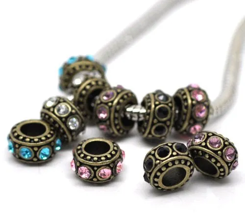 Bronze with Turquoise  Rhinestone Spacer Charm European Bead Compatible for Most European Snake Chain Bracelet
