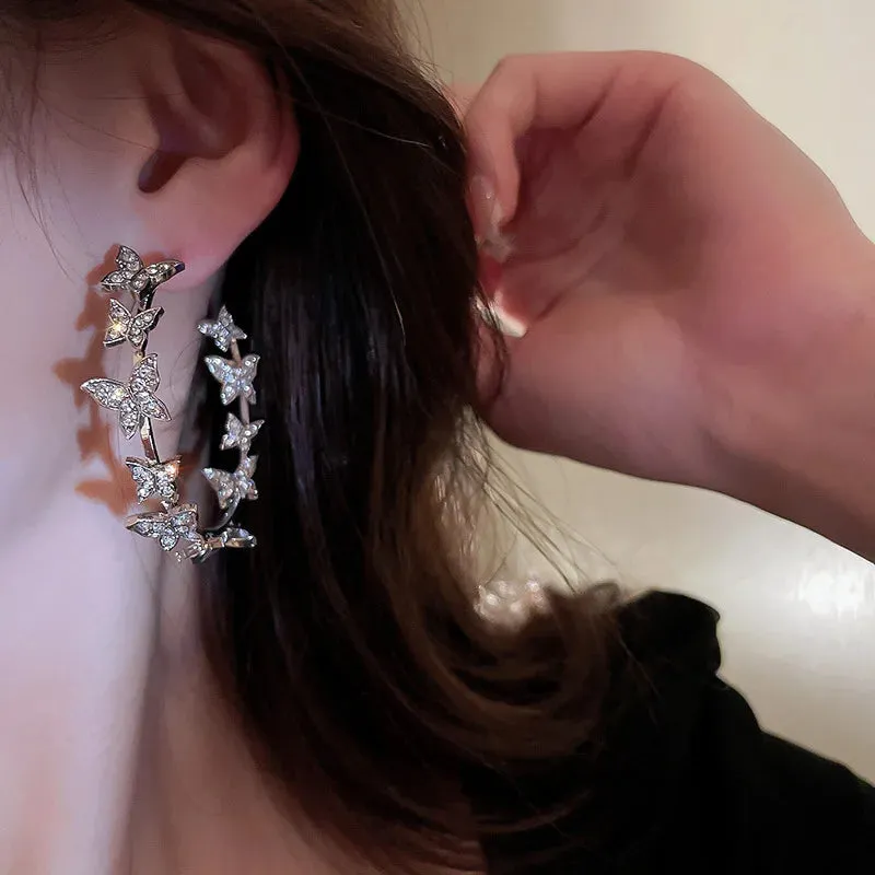 Butterfly Hoop Geometric Rhinestones Earrings