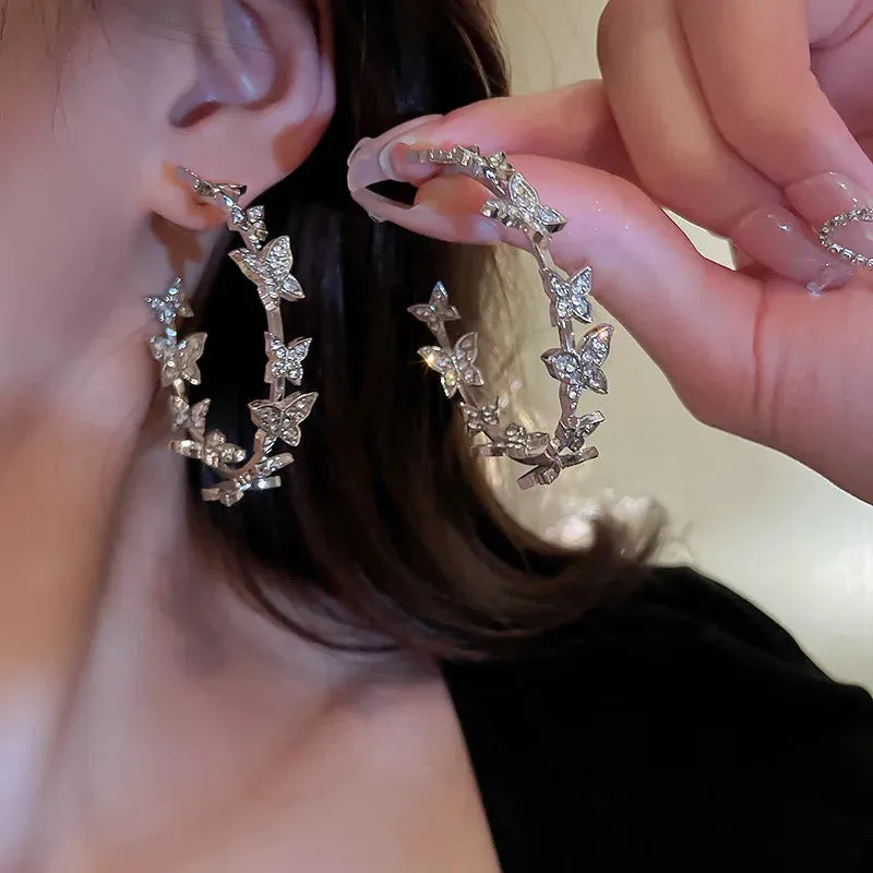 Butterfly Hoop Geometric Rhinestones Earrings