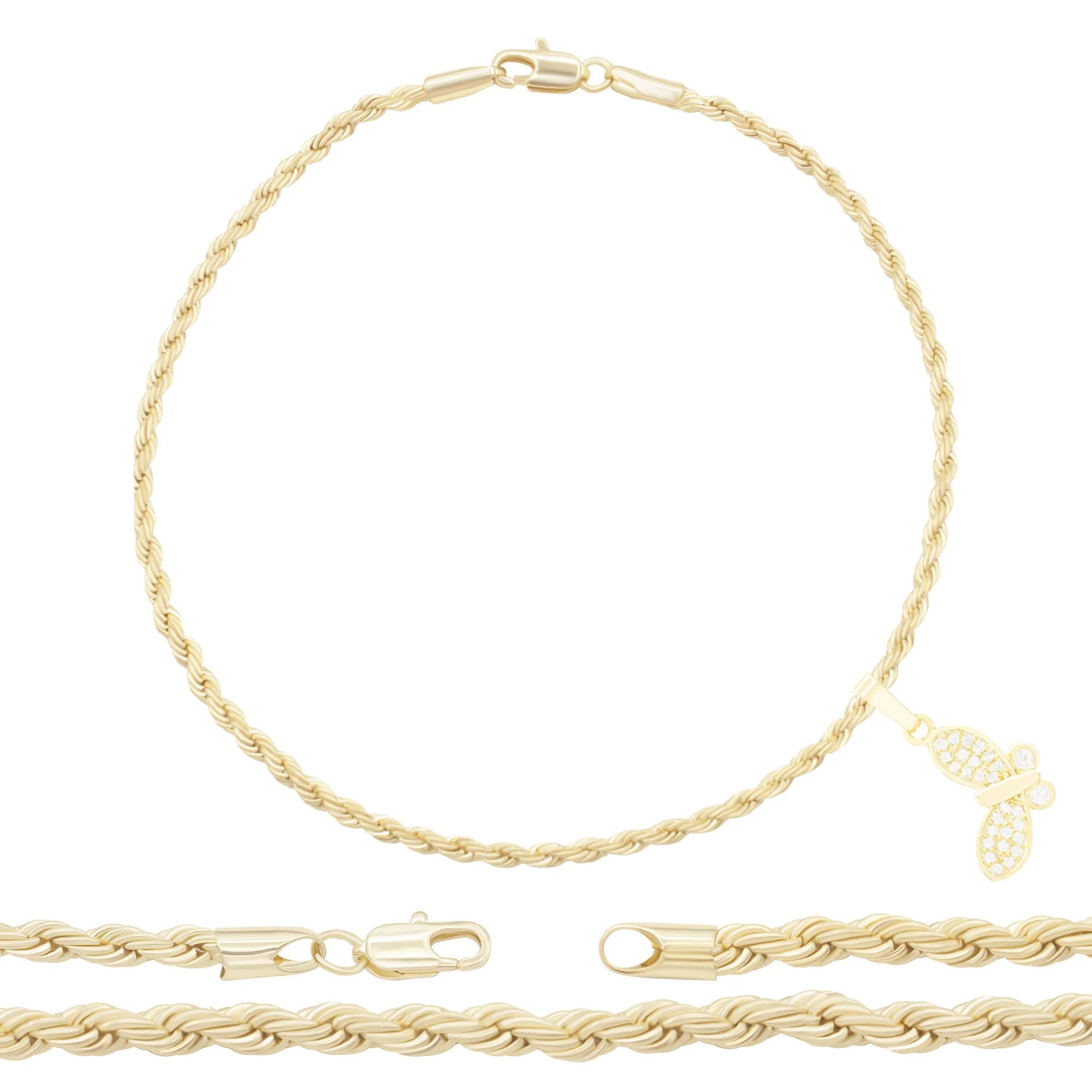 Butterfly Pendant 14K Anklet Gold Filled Cubic Zirconia Charm Rope Chain Set 10" Women Jewelry