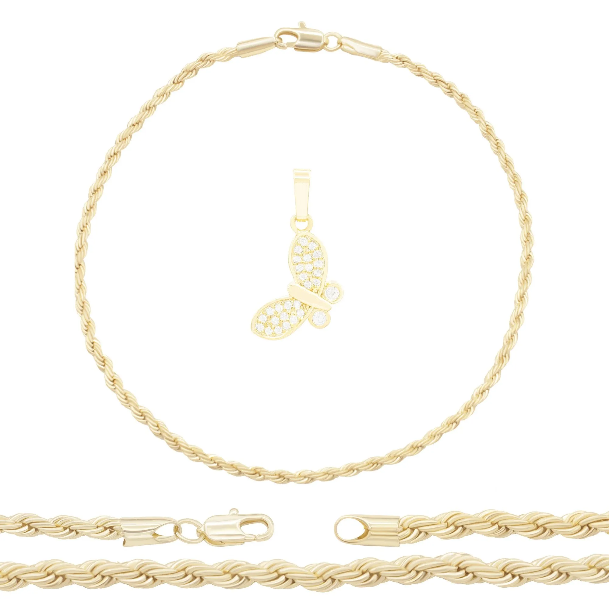 Butterfly Pendant 14K Anklet Gold Filled Cubic Zirconia Charm Rope Chain Set 10" Women Jewelry