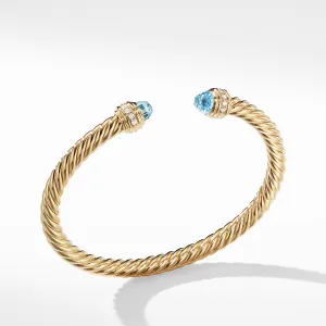 Cable Bracelet in 18K Gold with Blue Topaz and Diamonds, Size Medium