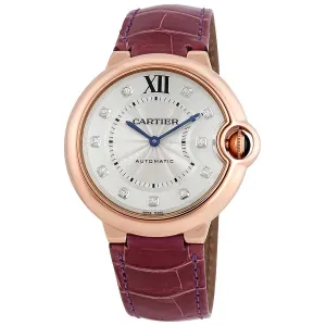 Cartier Ballon Bleu Silver Dial 18kt Rose Gold Purple Leather Unisex Watch WE902028