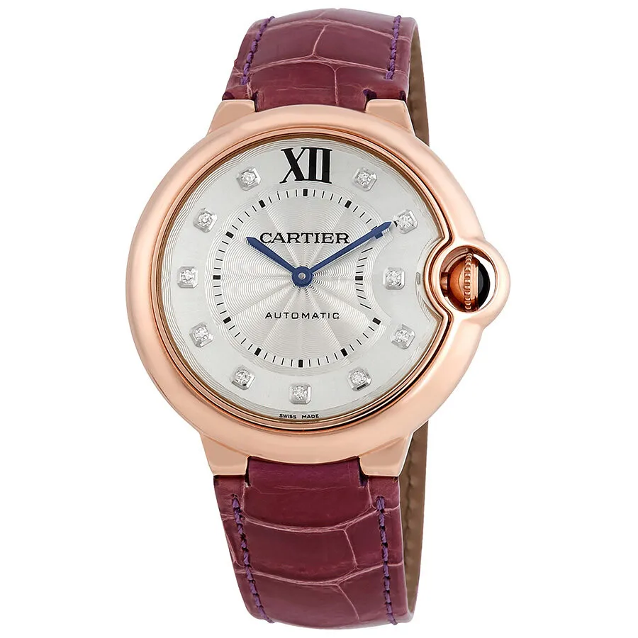 Cartier Ballon Bleu Silver Dial 18kt Rose Gold Purple Leather Unisex Watch WE902028