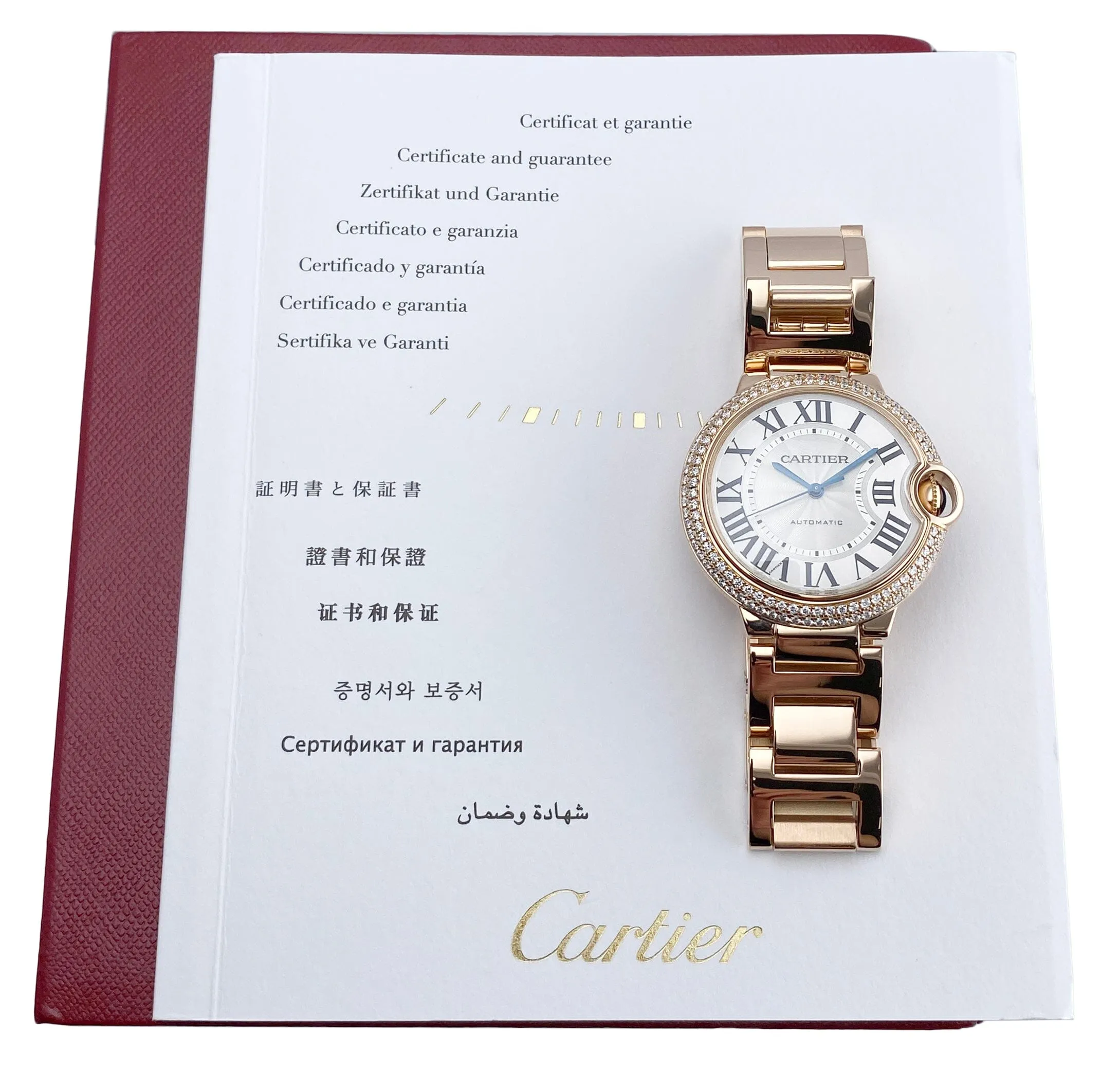 Cartier Ballon Bleu WE9005Z3 Diamond Rose Gold Mens Watch Box Papers