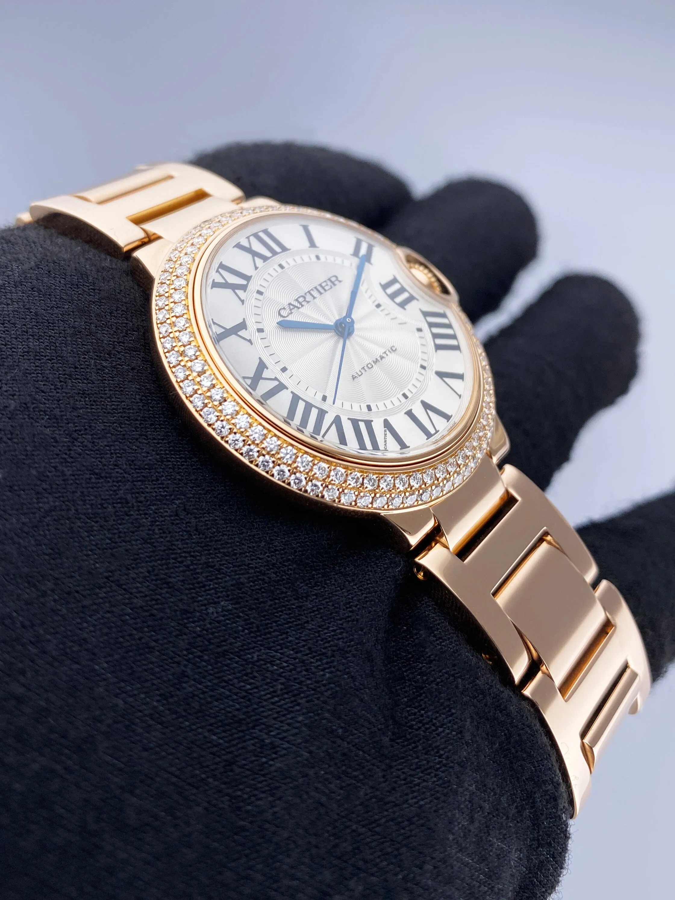 Cartier Ballon Bleu WE9005Z3 Diamond Rose Gold Mens Watch Box Papers