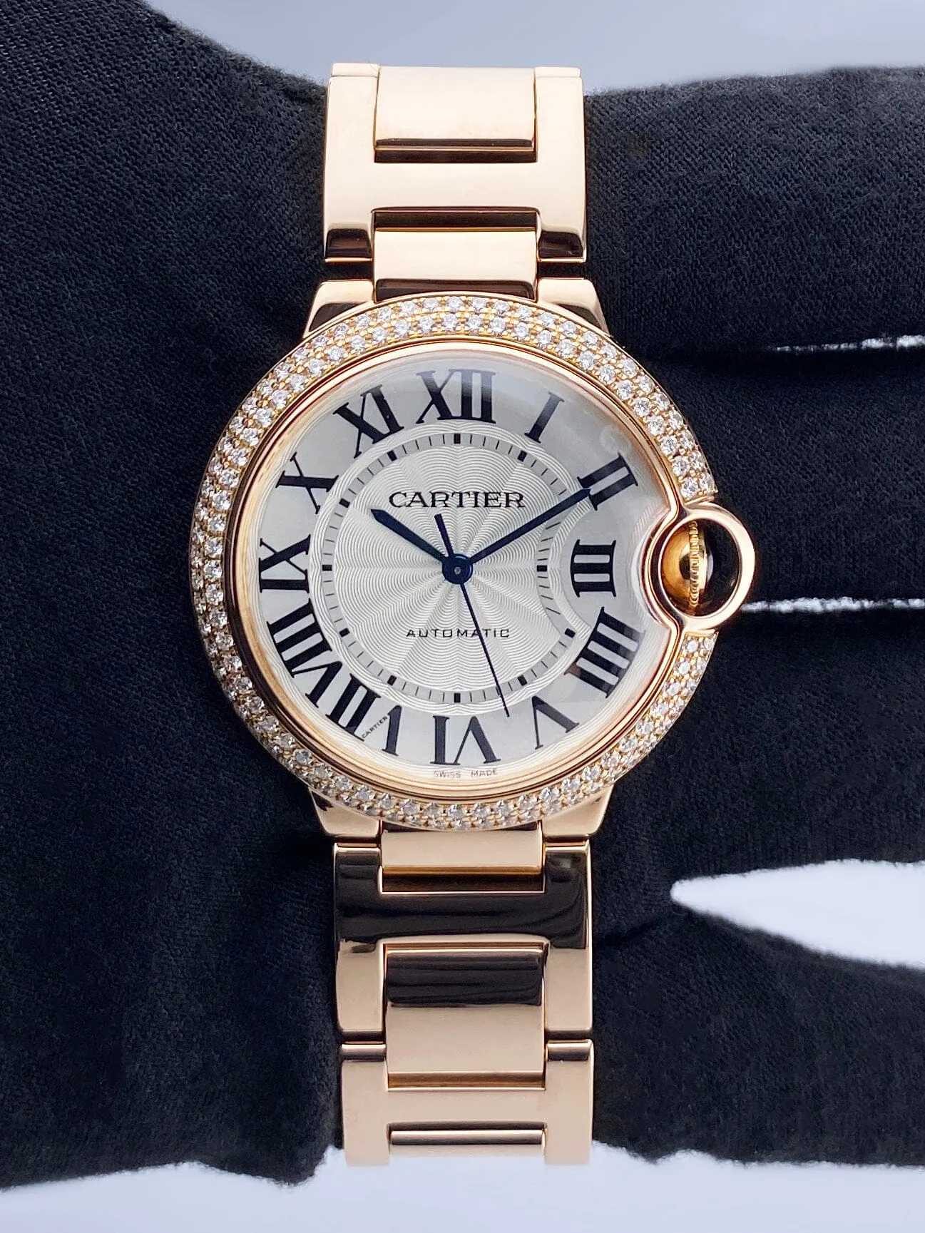 Cartier Ballon Bleu WE9005Z3 Diamond Rose Gold Mens Watch Box Papers