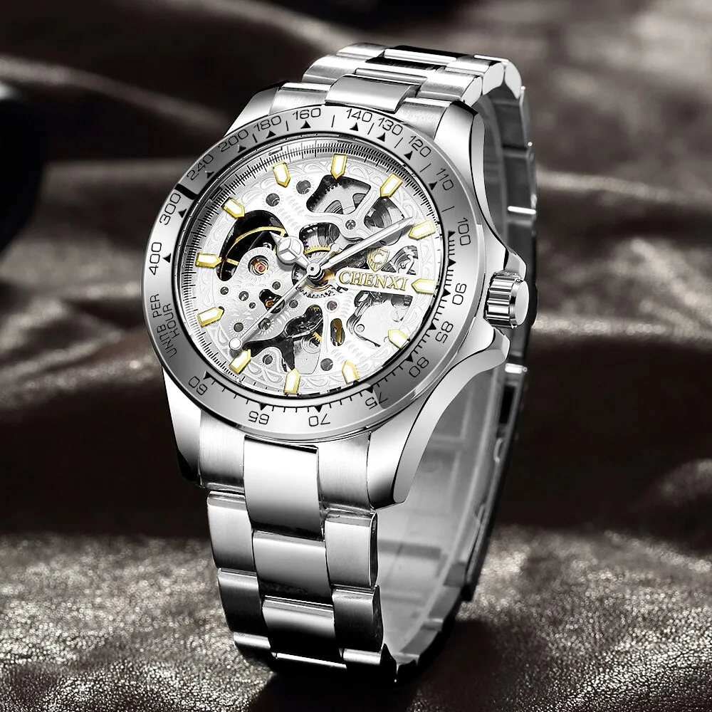 CHENXI Fashion Watch Men Luxury Brand Automatic Wind Mechanical Cutout Wristwatch Waterproof Full Steel Business Mens Watches