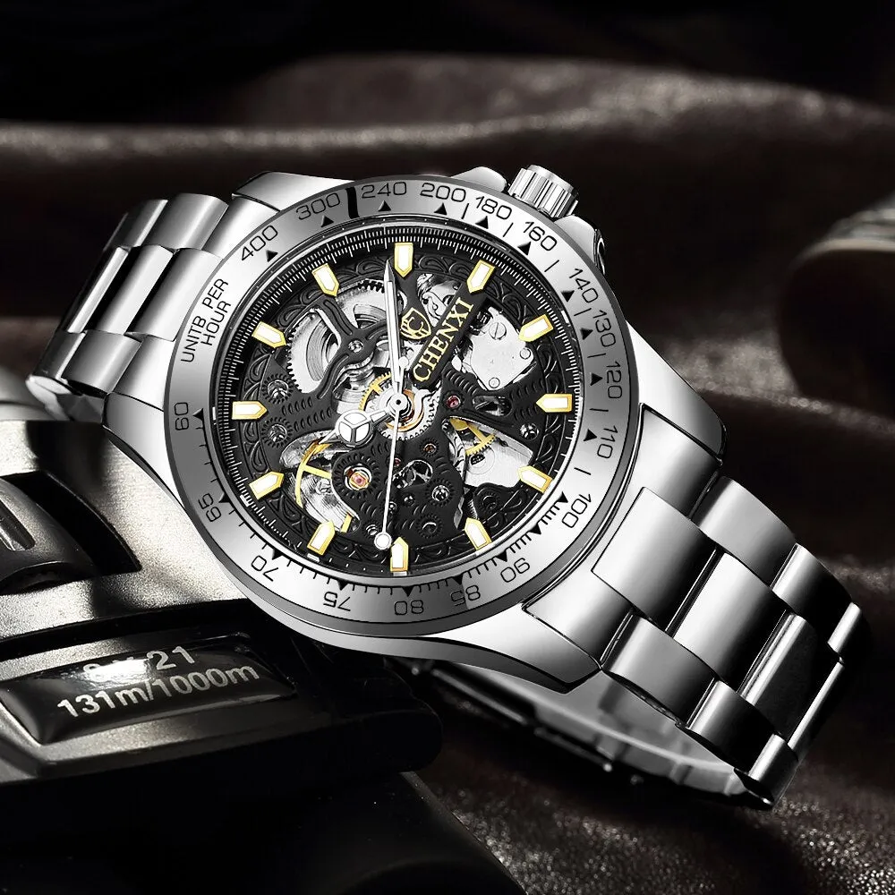 CHENXI Fashion Watch Men Luxury Brand Automatic Wind Mechanical Cutout Wristwatch Waterproof Full Steel Business Mens Watches