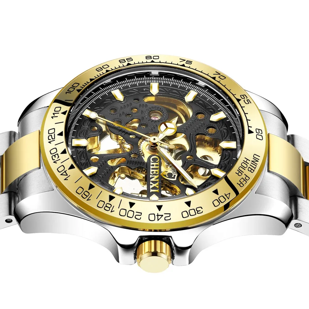 CHENXI Fashion Watch Men Luxury Brand Automatic Wind Mechanical Cutout Wristwatch Waterproof Full Steel Business Mens Watches