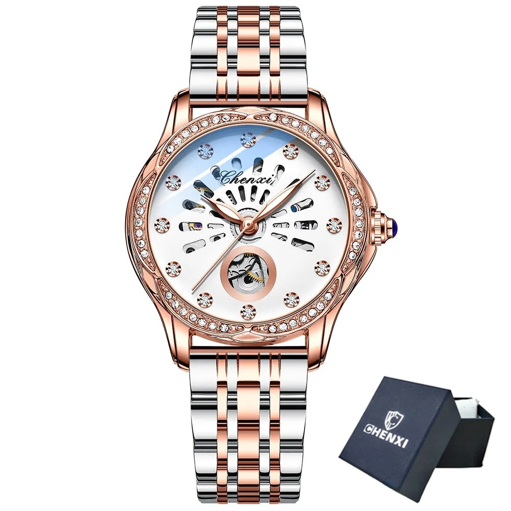 CHENXI New Rose Gold Watch Women Luxury Brand Automatic Mechanical Watches Full Steel Female Waterproof Clock Relogio Feminino