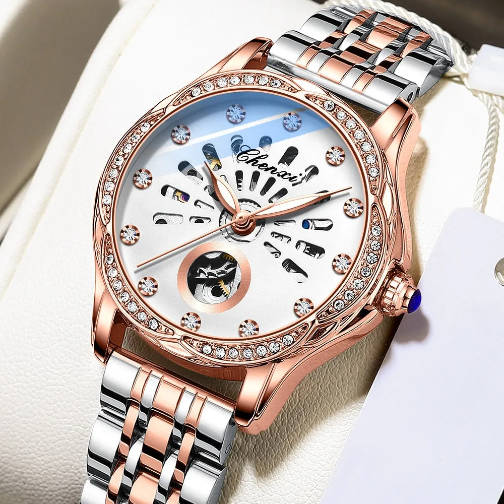 CHENXI New Rose Gold Watch Women Luxury Brand Automatic Mechanical Watches Full Steel Female Waterproof Clock Relogio Feminino
