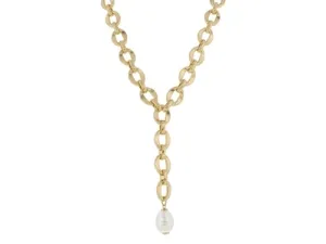 Chunky Gold Lariat Cable Link Chain with Chunky Pearl Drop Necklace