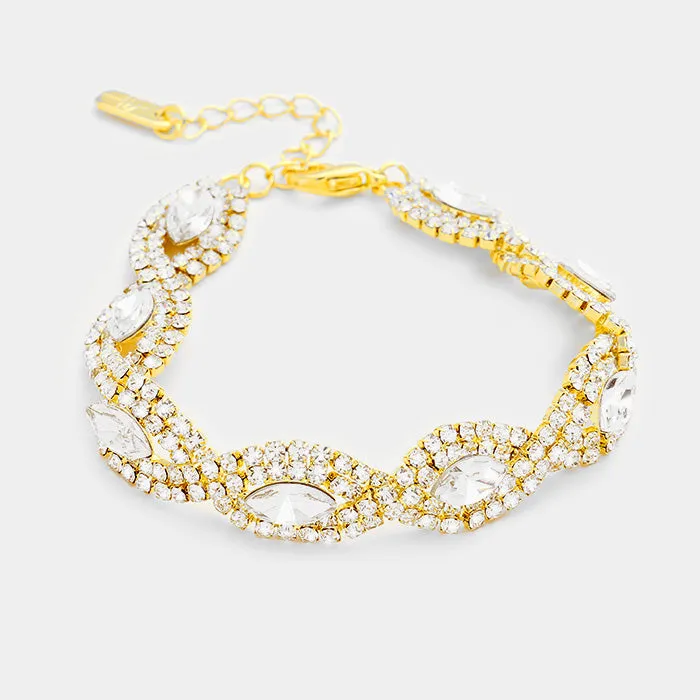 Clear Crystal Rhinestone Oval Stone Pageant Bracelet on Gold | Evening Bracelet | 358306