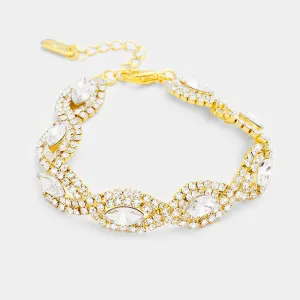 Clear Crystal Rhinestone Oval Stone Pageant Bracelet on Gold | Evening Bracelet | 358306