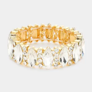 Clear Marquise Stone with Rhinestone Accents Stretch Pageant Bracelet on Gold | Prom Jewelry |  574977