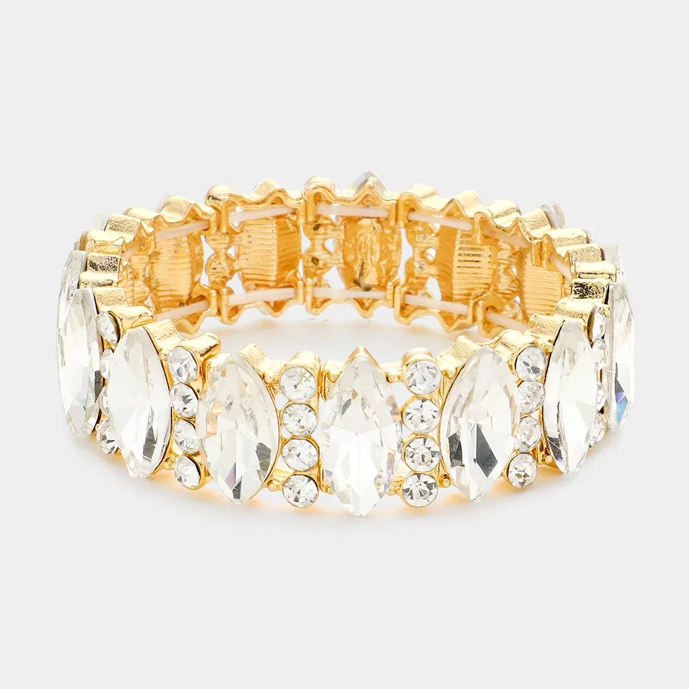 Clear Marquise Stone with Rhinestone Accents Stretch Pageant Bracelet on Gold | Prom Jewelry |  574977