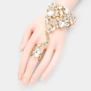 Clear Teardrop Crystal Rhinestone Hand Chain/Ring Pageant Bracelet on Gold | Prom Jewelry | 446834