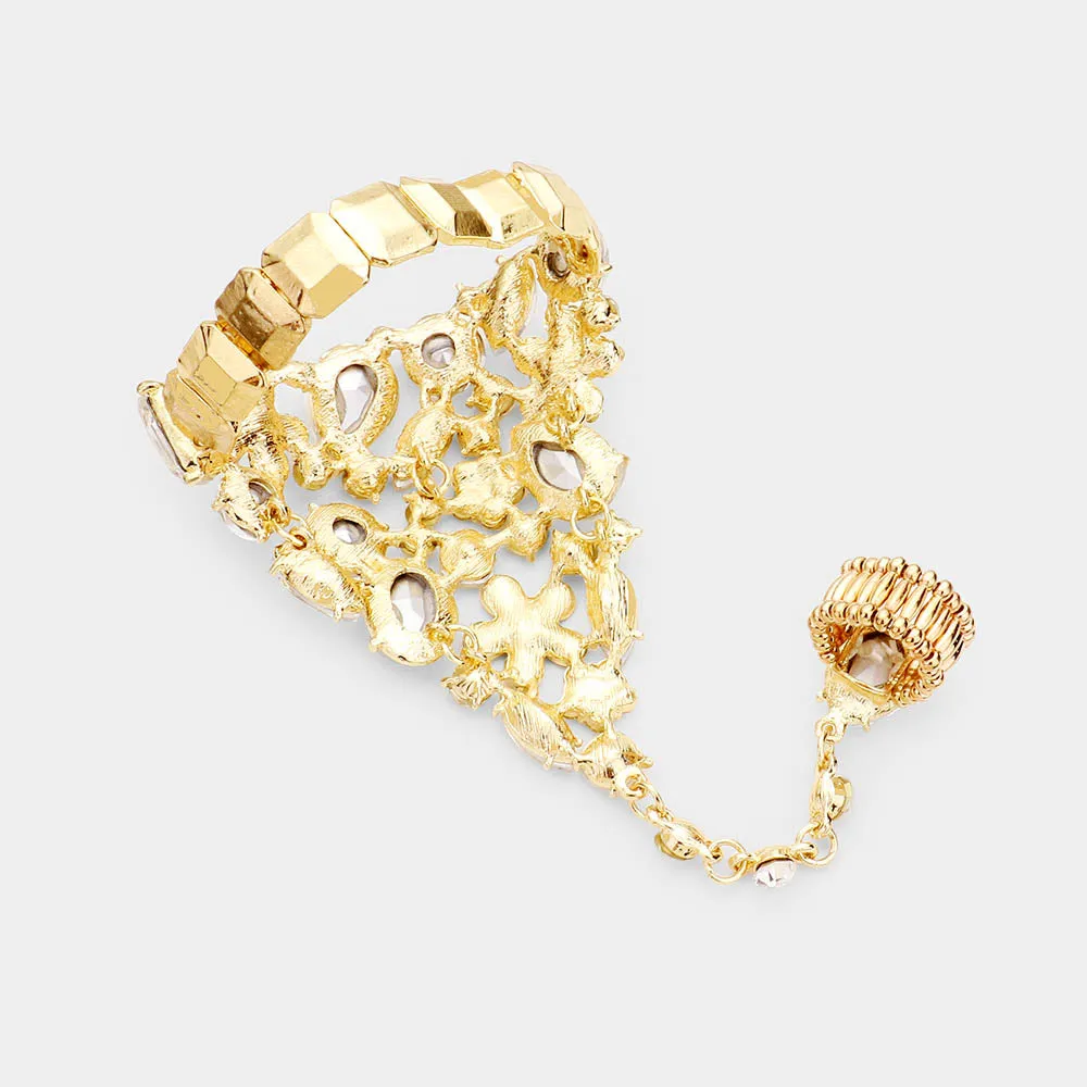 Clear Teardrop Crystal Rhinestone Hand Chain/Ring Pageant Bracelet on Gold | Prom Jewelry | 446834