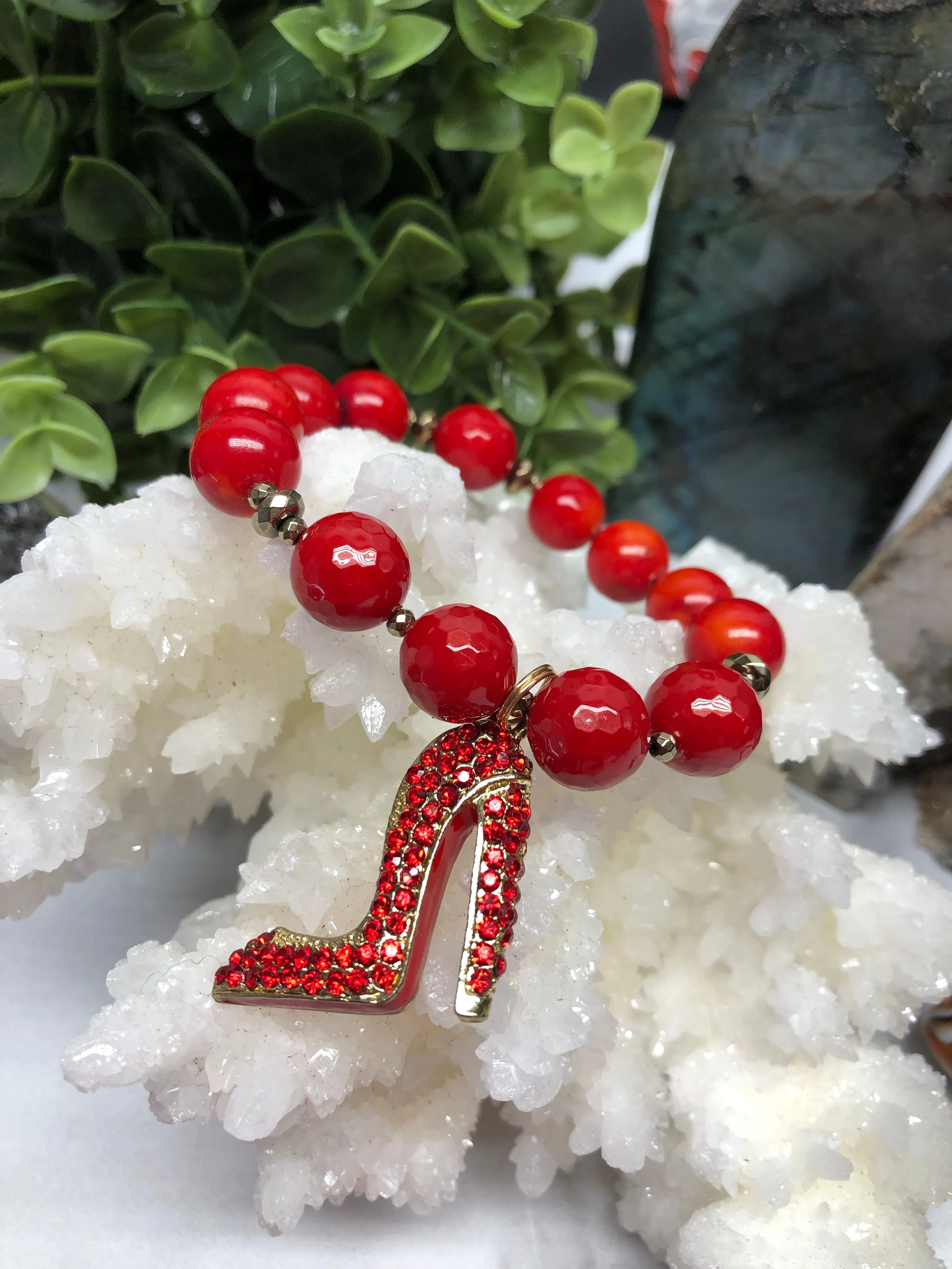 Coral, Red Mother of Pearl and Hematite 3 pc. Bracelet set- "Coral Sunshine"
