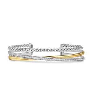 Crossover Three Row Bracelet in Sterling Silver with 18K Yellow Gold and Diamonds, 11mm, Size Small