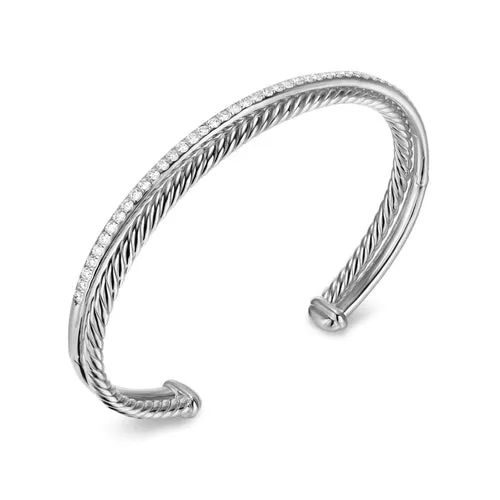 Crossover Two Row Bracelet in Sterling Silver with Diamonds, 6mm, Size Medium