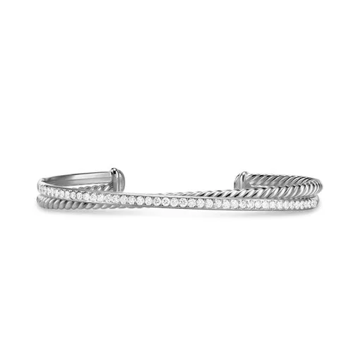 Crossover Two Row Bracelet in Sterling Silver with Diamonds, 6mm, Size Medium