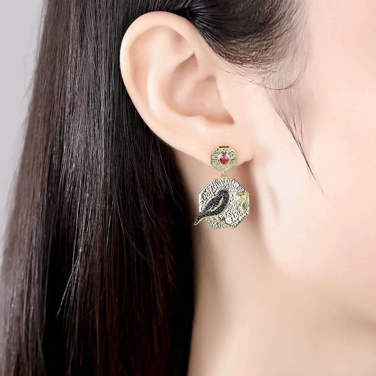 Crystal & Cubic Zirconia Bird Hexagon Drop Earrings