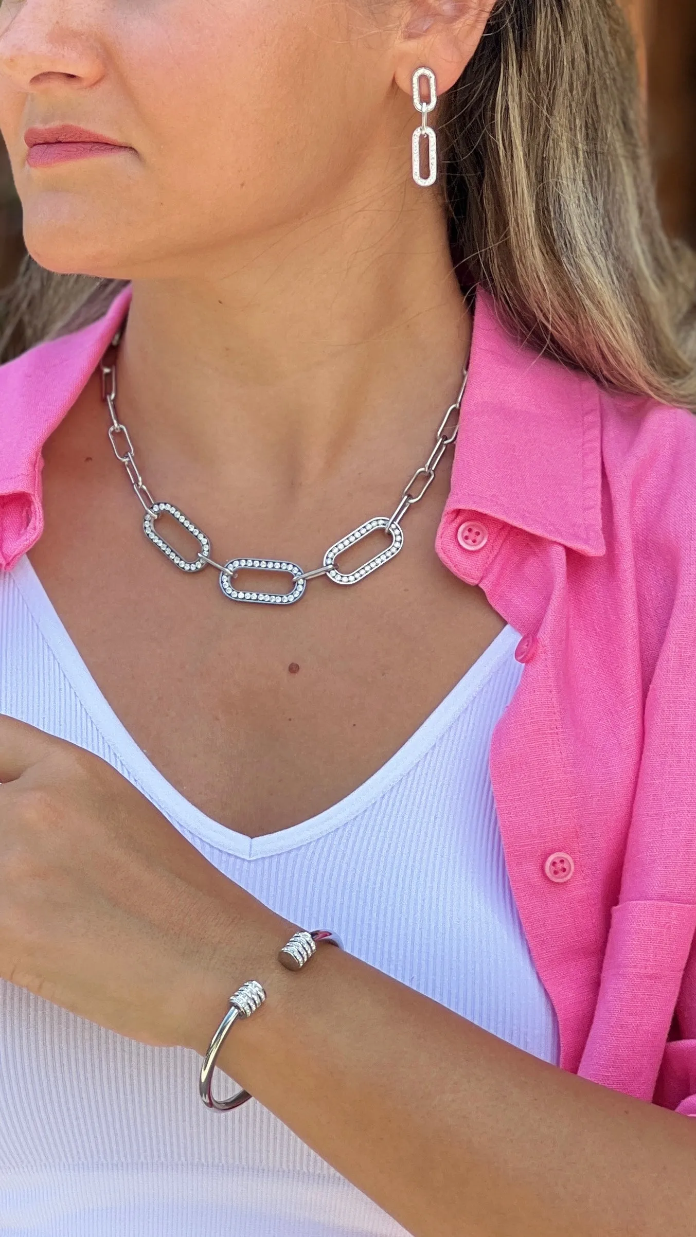 Crystal Oval Chain Silver Necklace
