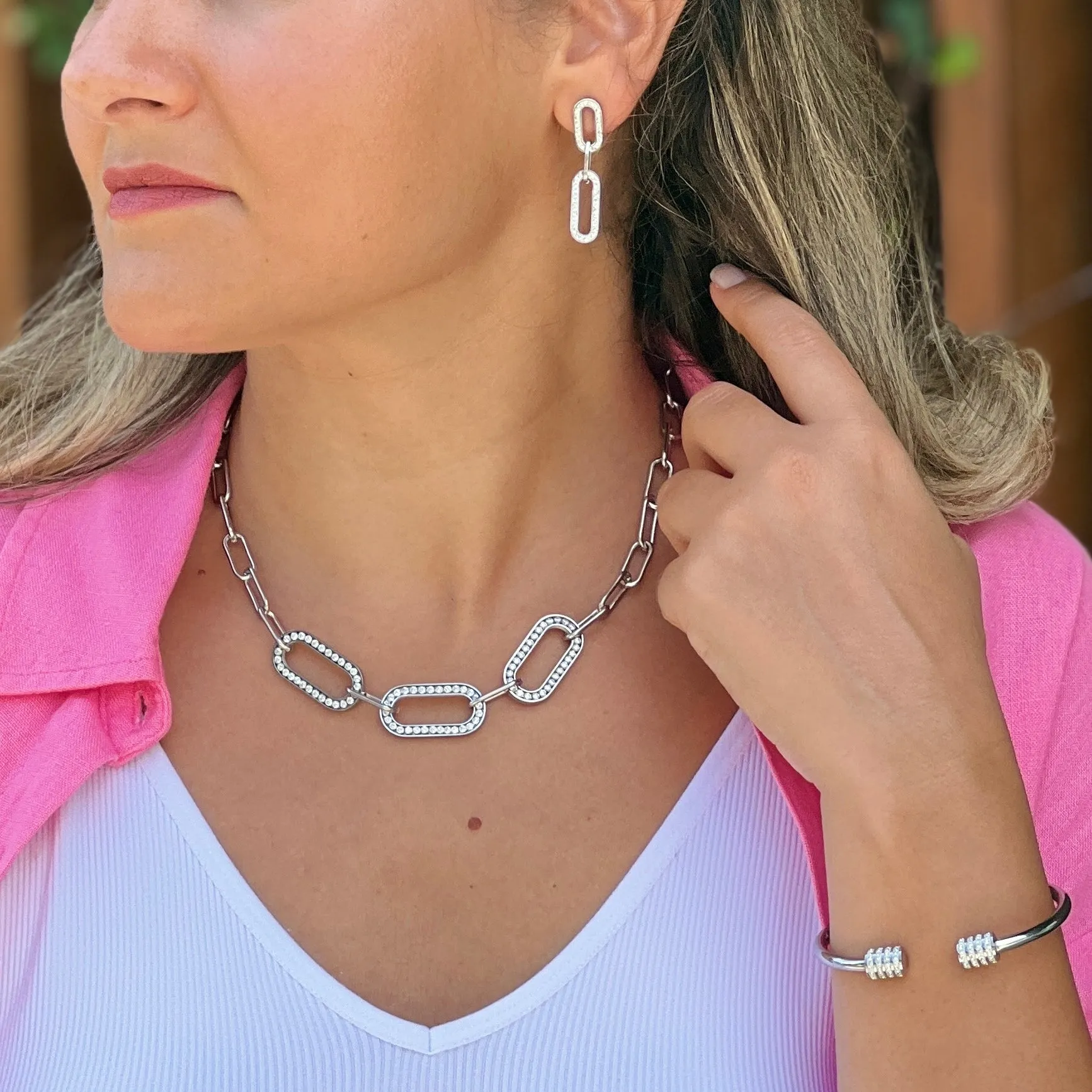 Crystal Oval Chain Silver Necklace
