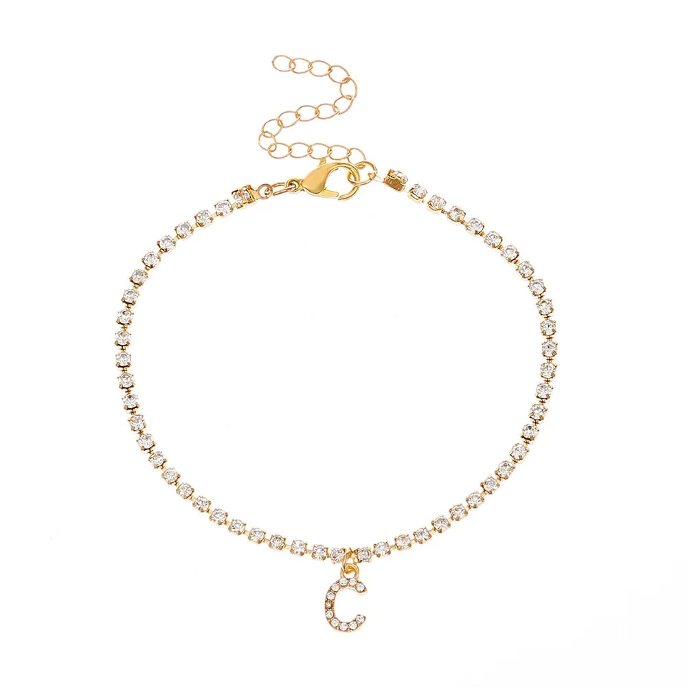 Crystal Zircon Initial Letter Ankle Bracelet Alphabet Anklets for Women Foot Chain Beach Leg Bracelets Boho Jewelry