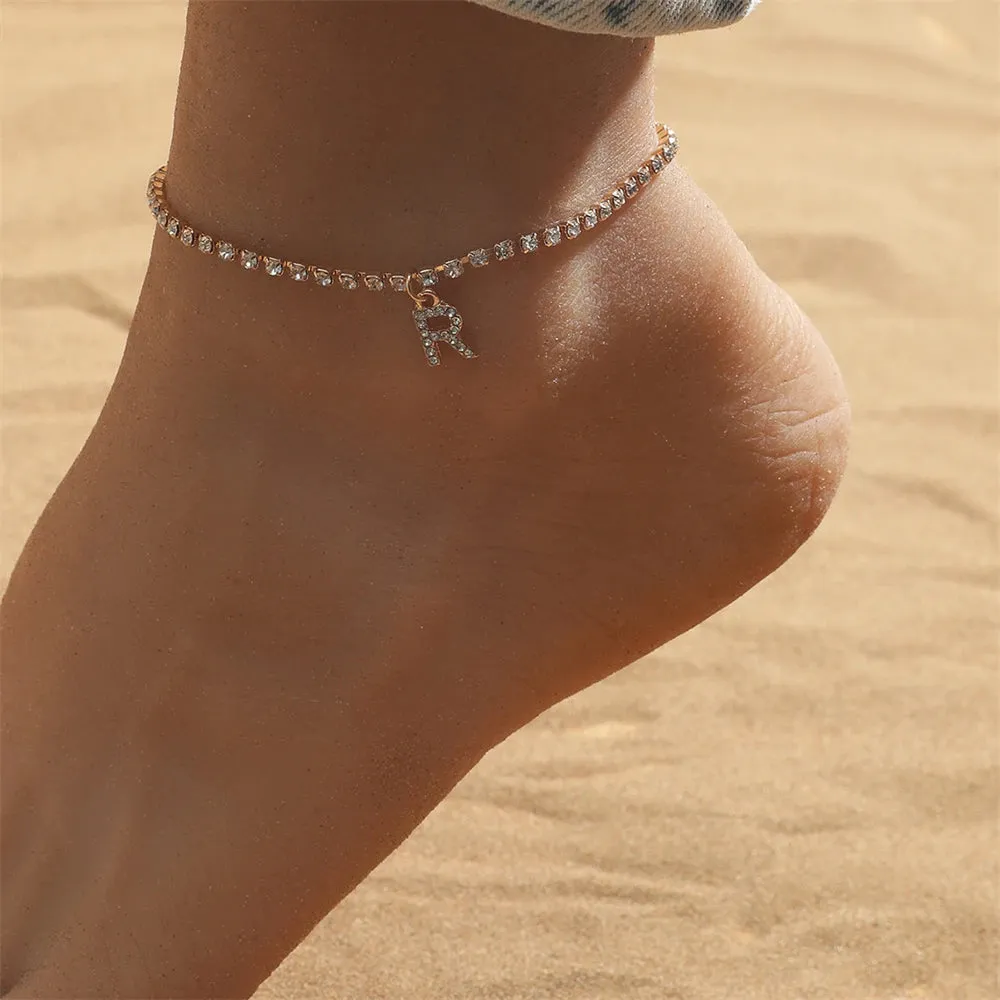 Crystal Zircon Initial Letter Ankle Bracelet Alphabet Anklets for Women Foot Chain Beach Leg Bracelets Boho Jewelry