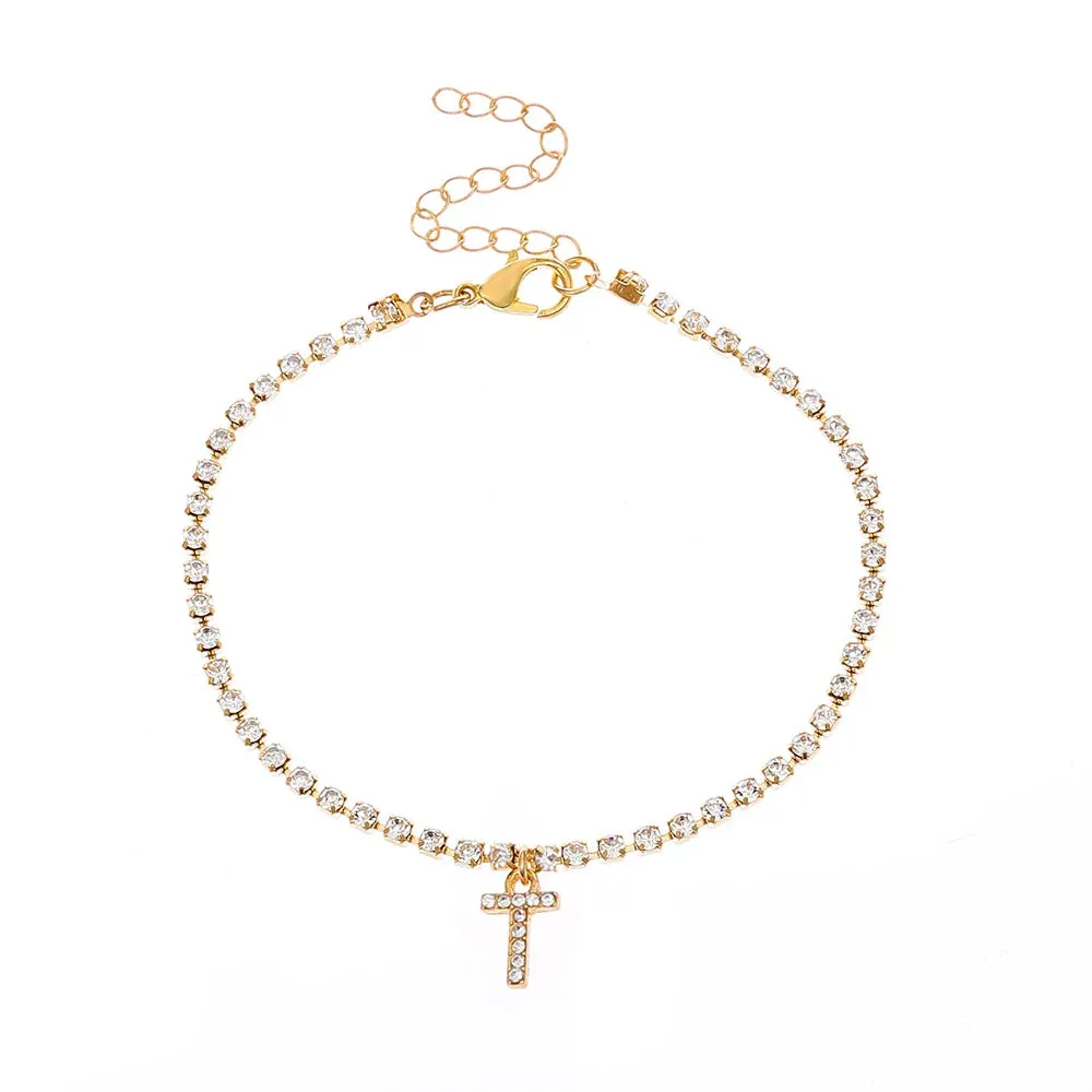 Crystal Zircon Initial Letter Ankle Bracelet Alphabet Anklets for Women Foot Chain Beach Leg Bracelets Boho Jewelry