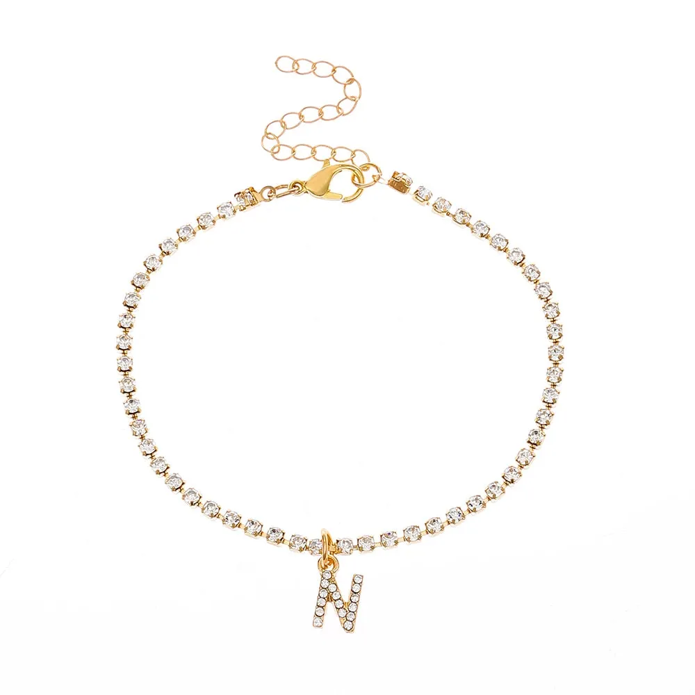 Crystal Zircon Initial Letter Ankle Bracelet Alphabet Anklets for Women Foot Chain Beach Leg Bracelets Boho Jewelry