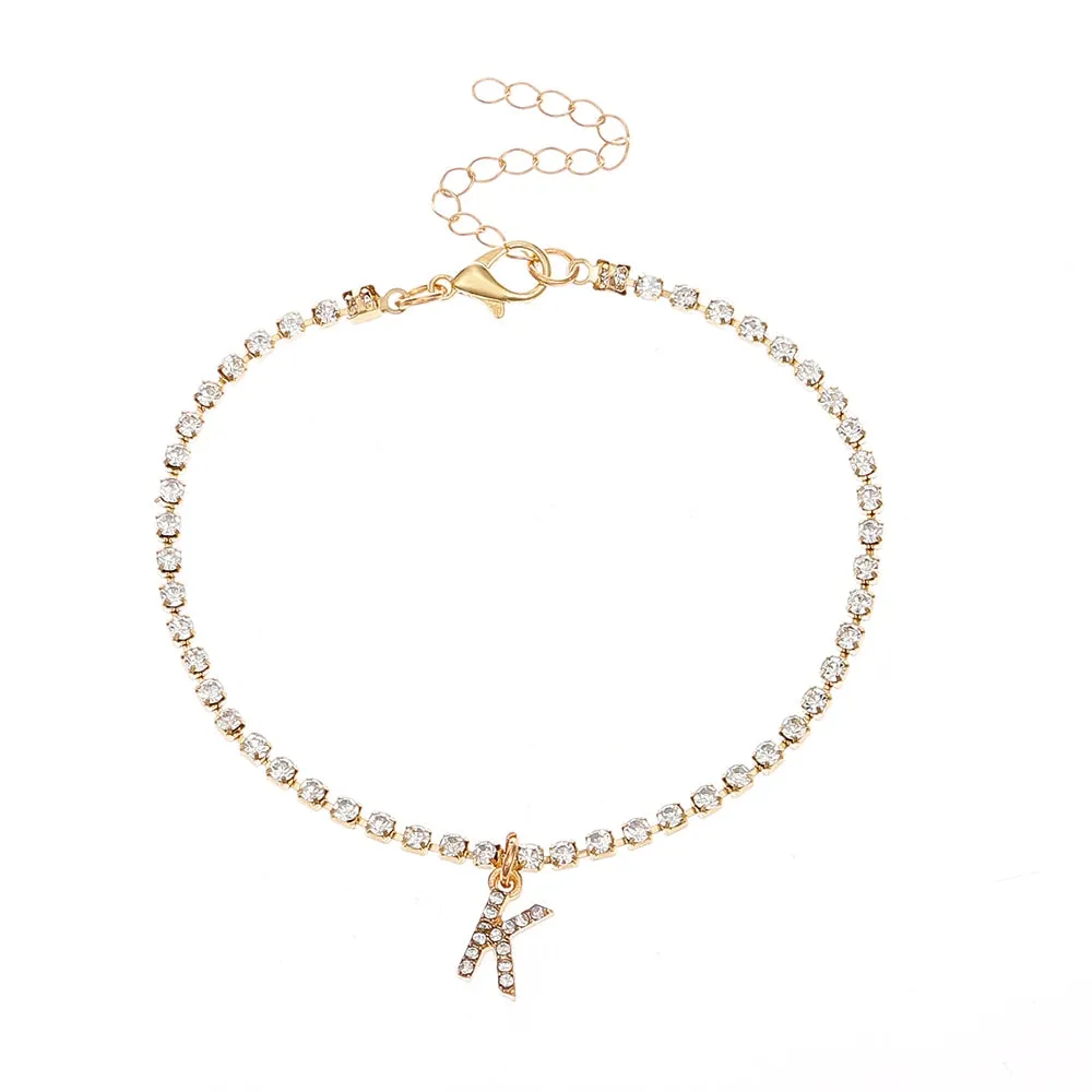 Crystal Zircon Initial Letter Ankle Bracelet Alphabet Anklets for Women Foot Chain Beach Leg Bracelets Boho Jewelry