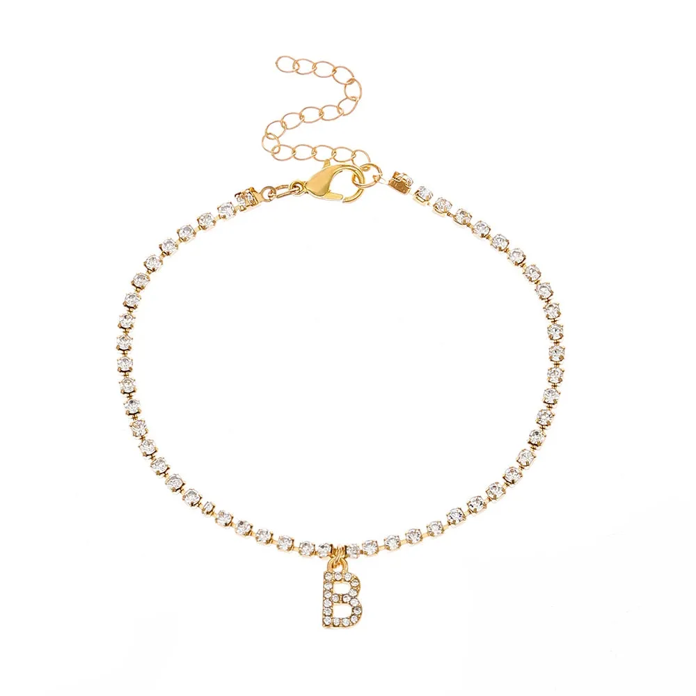 Crystal Zircon Initial Letter Ankle Bracelet Alphabet Anklets for Women Foot Chain Beach Leg Bracelets Boho Jewelry