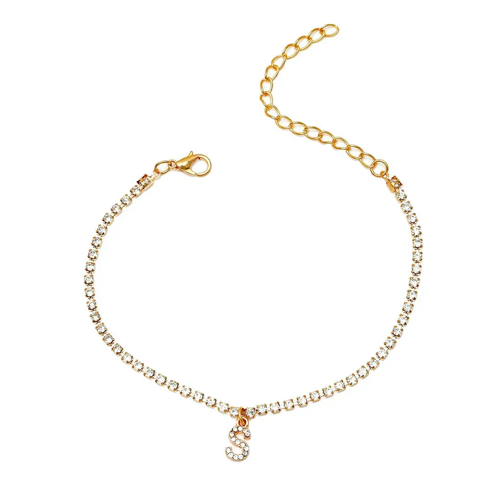 Crystal Zircon Initial Letter Ankle Bracelet Alphabet Anklets for Women Foot Chain Beach Leg Bracelets Boho Jewelry