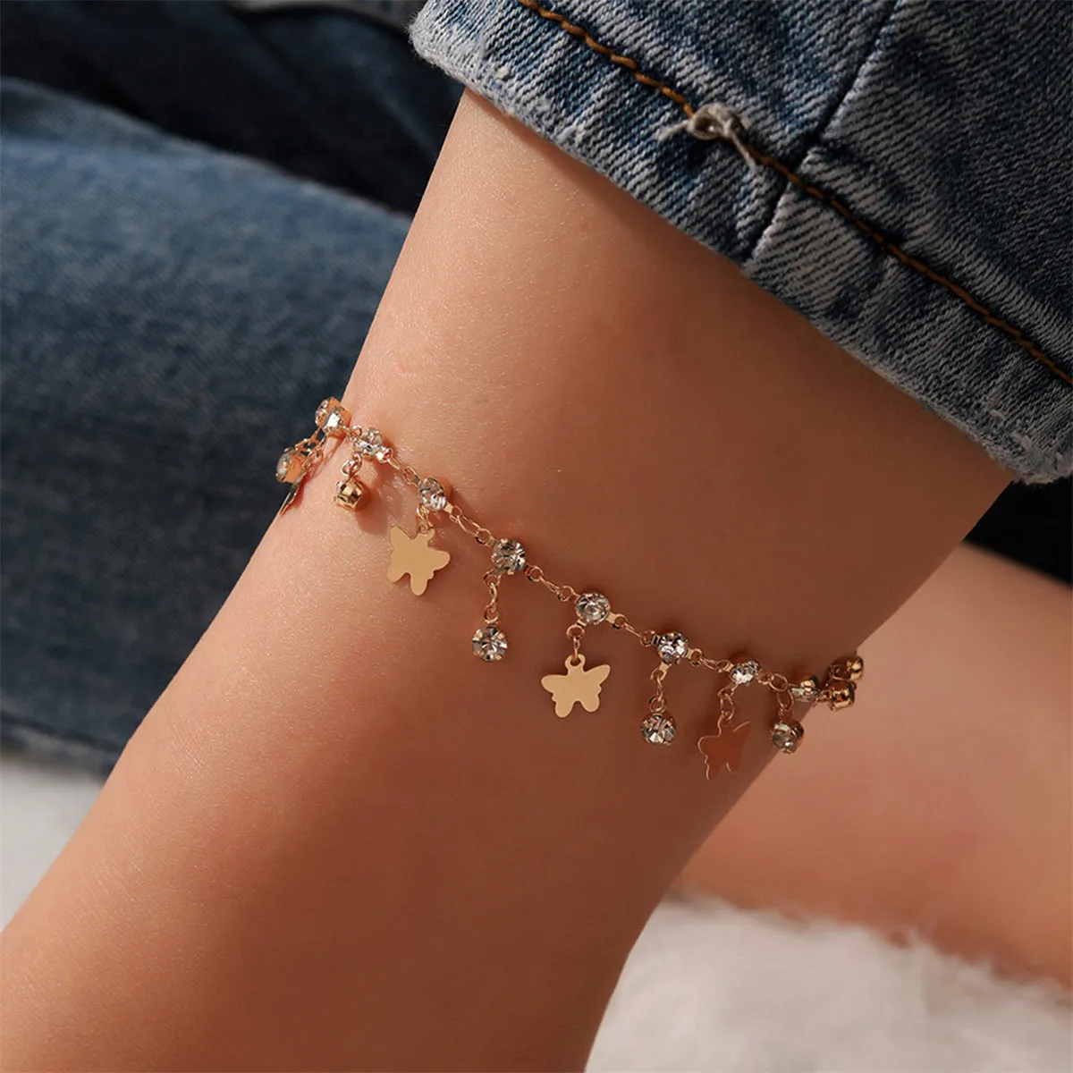 Cubic Zirconia & 18K Gold-Plated Butterfly Station Anklet