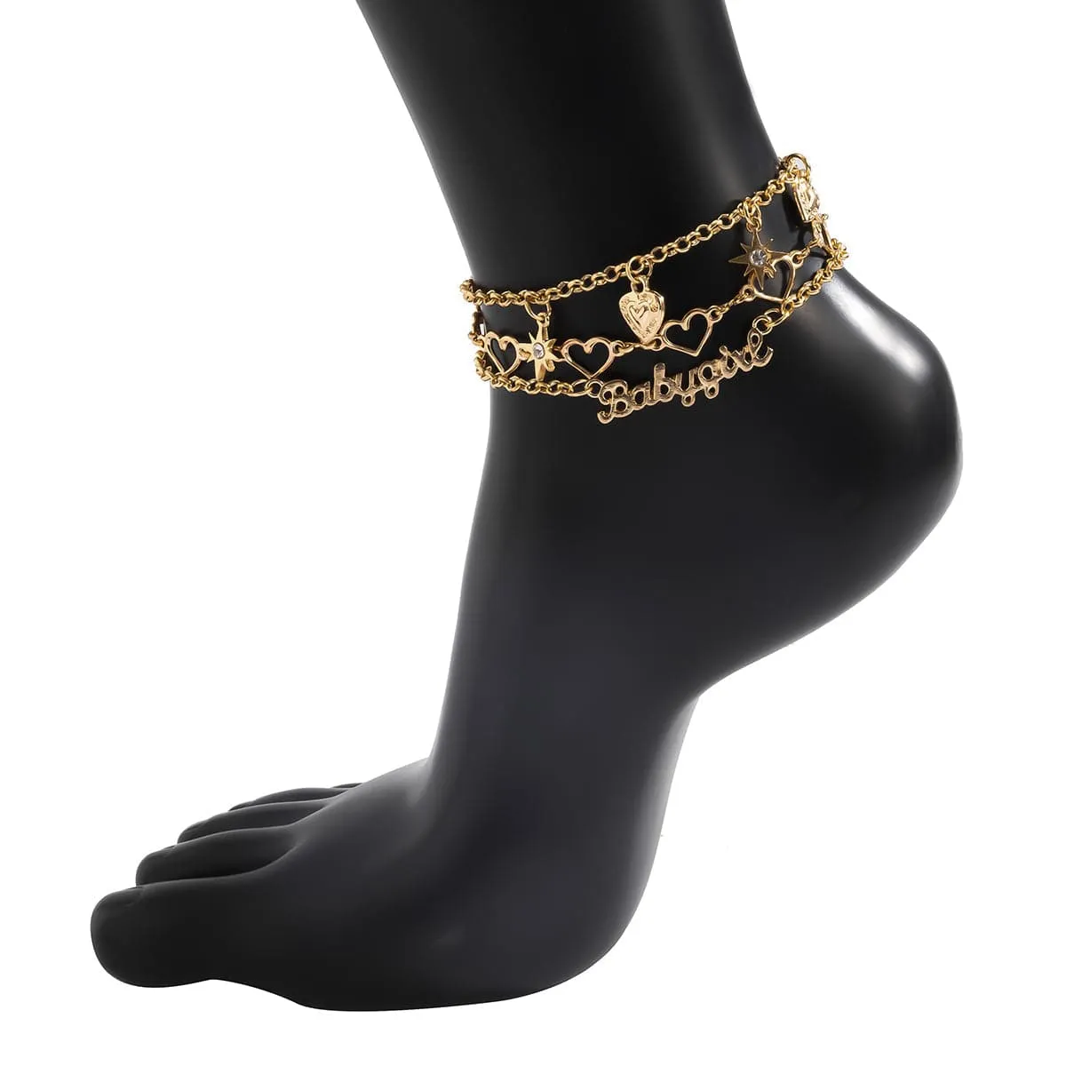 Cubic Zirconia & 18K Gold-Plated Open Heart Star Anklet Set