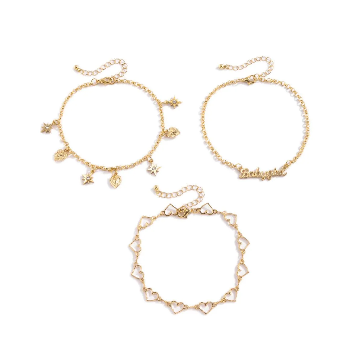 Cubic Zirconia & 18K Gold-Plated Open Heart Star Anklet Set