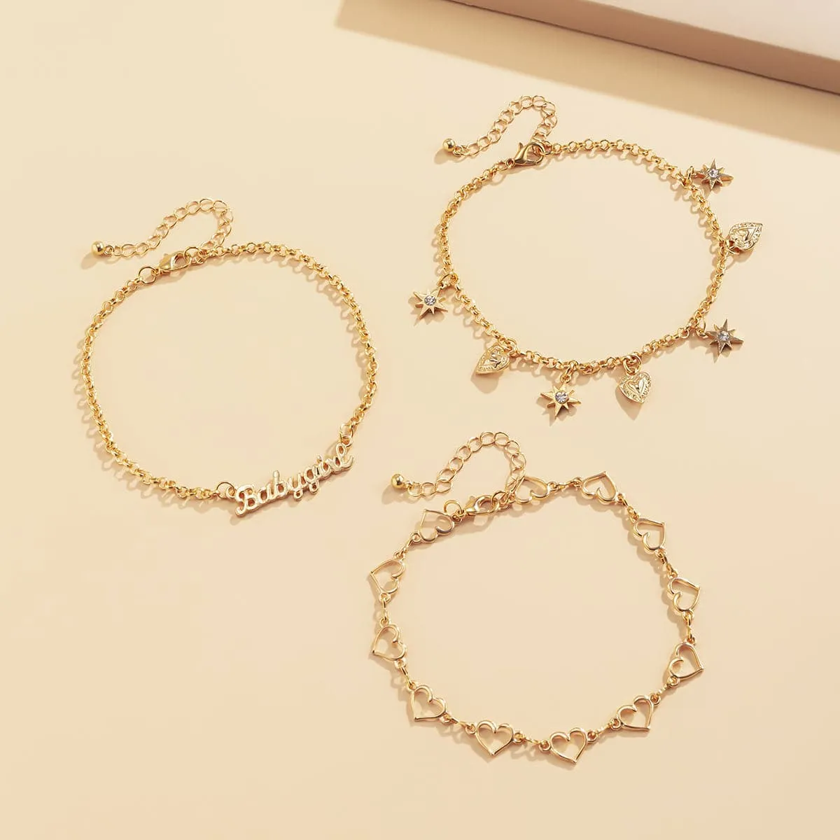 Cubic Zirconia & 18K Gold-Plated Open Heart Star Anklet Set