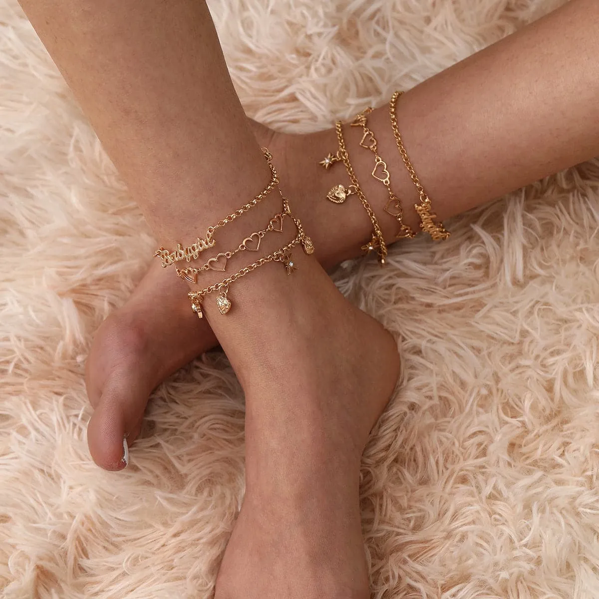 Cubic Zirconia & 18K Gold-Plated Open Heart Star Anklet Set
