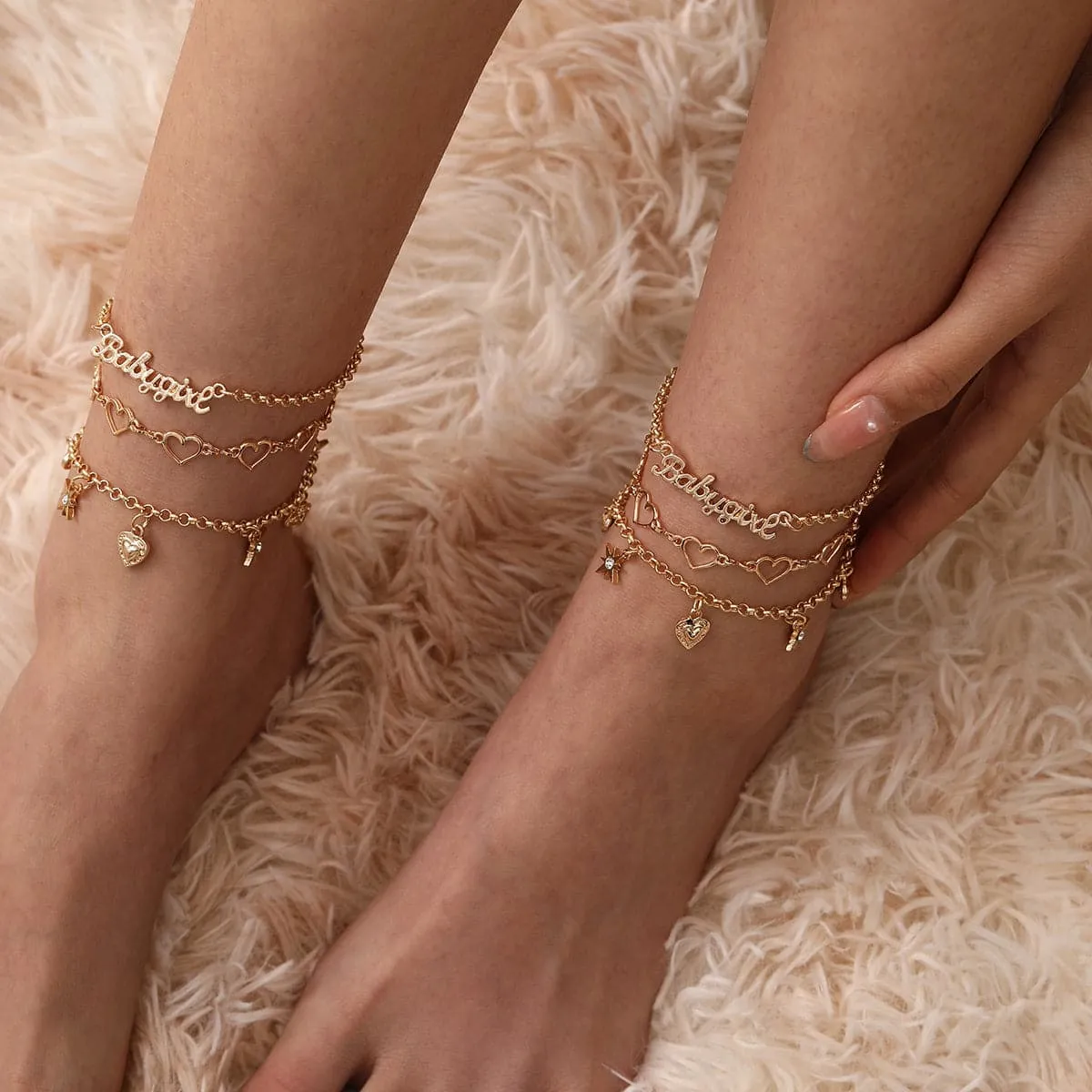 Cubic Zirconia & 18K Gold-Plated Open Heart Star Anklet Set