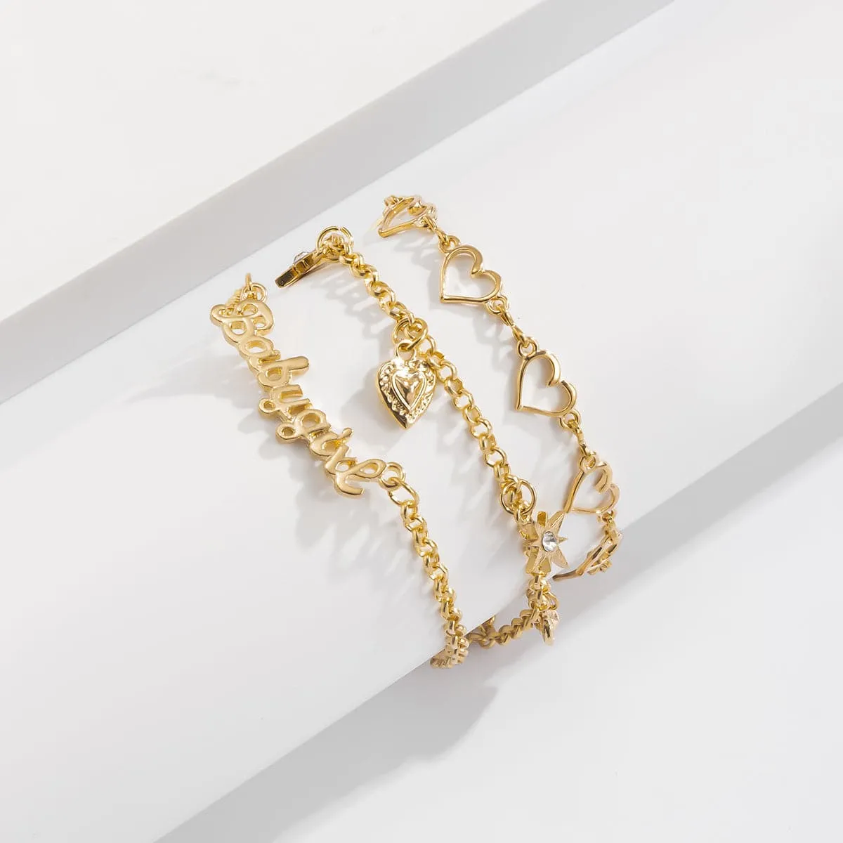 Cubic Zirconia & 18K Gold-Plated Open Heart Star Anklet Set